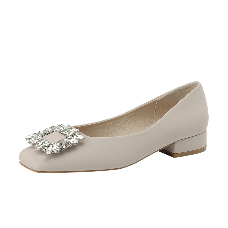DAPHNE Women's Single Shoes, Elegant Square Toe Chunky Heel Rhinestone High Heels, Commuter Women's Shoes 4023101037 Beige 38