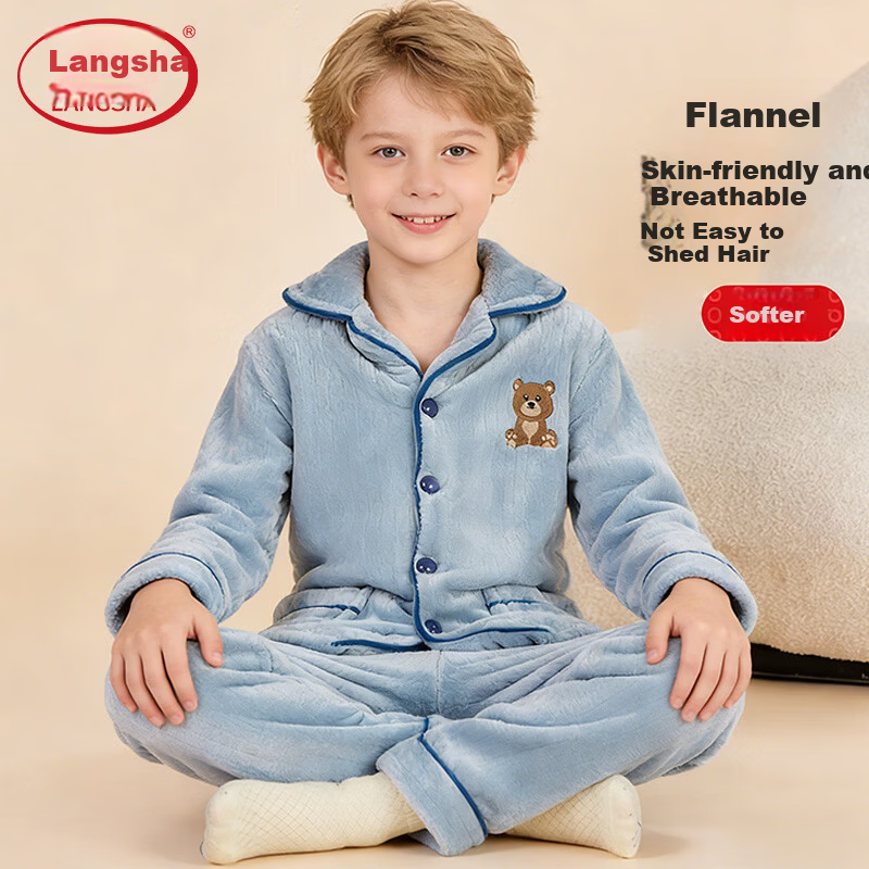 LangSha Kids Pajamas Autumn Winter Boys Girls Thick Double-Sided Flannel Fleece Lined Homewear Set 150