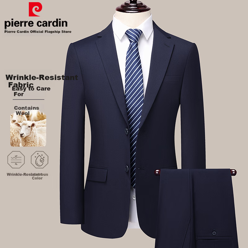 Pierre Cardin Wool Blend Men's Slim Fit Suit Set Business Casual Wedding Formal Wear