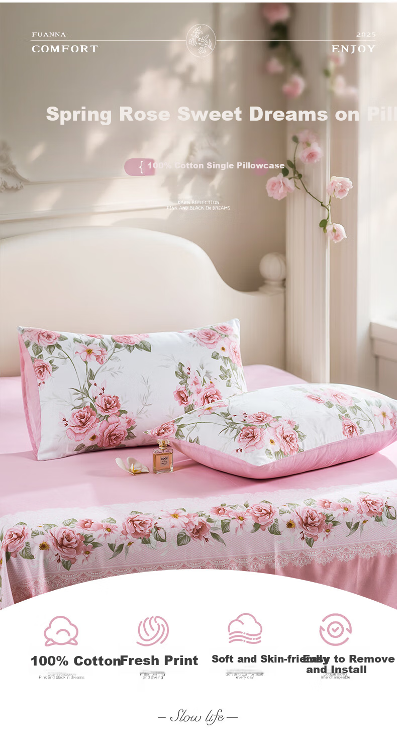 Fuanna 100% Cotton Pillowcase Set, Pure Cotton Pillow Covers for Students and Home Use, Single and Double Pillowcases, Pair, Pink 2