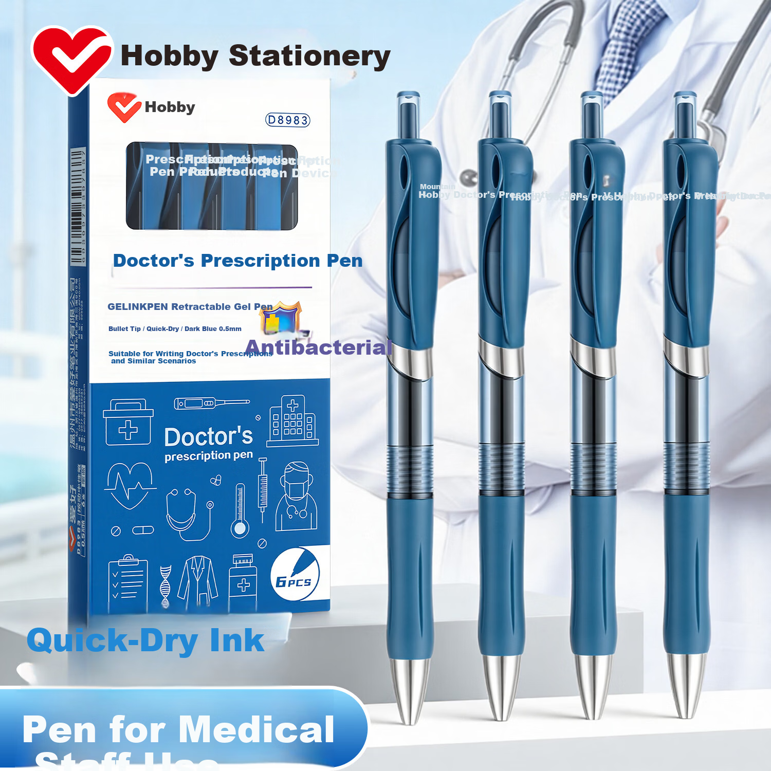 AIHAO Medical Prescription Retractable Gel Pen 0.5mm Bullet Tip Quick-Dry Nurse Doctor Signature Pen Blue Ink 6-Pack D8983