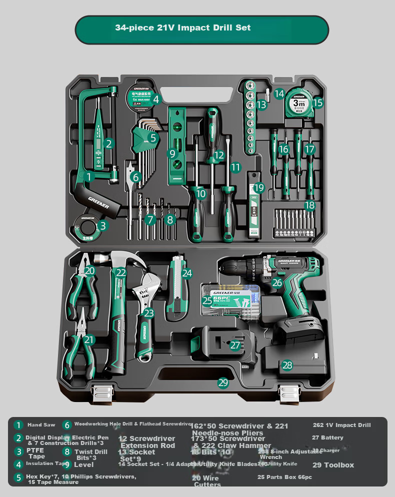 Green Forest 34-Piece 21V Impact Lithium Drill Set Multi-Function Household Toolbox Hardware Electrician Repair Kit 15
