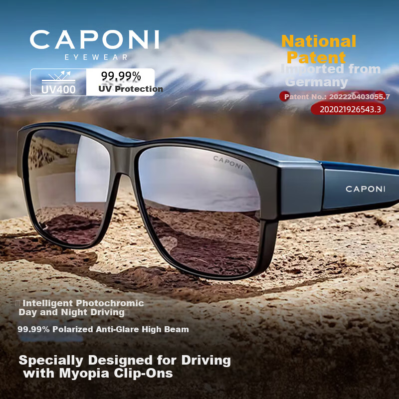 CAPONI Prescription Sunglasses Clip-On Photochromic Polarized Day and Night Driving Glasses for Men and Women