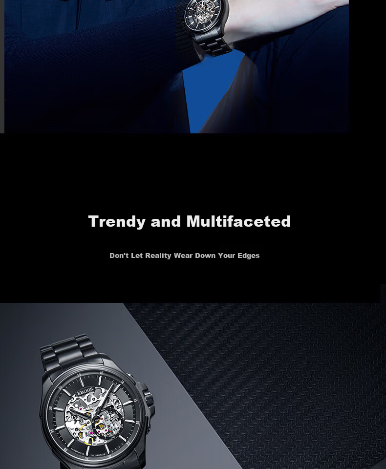 EBOHR Explorer Watch for Men, Glossy Black Skeleton Mechanical Watch, Birthday Gift for Men, Holiday Present, Model 51280215, Gift for Boyfriend 24