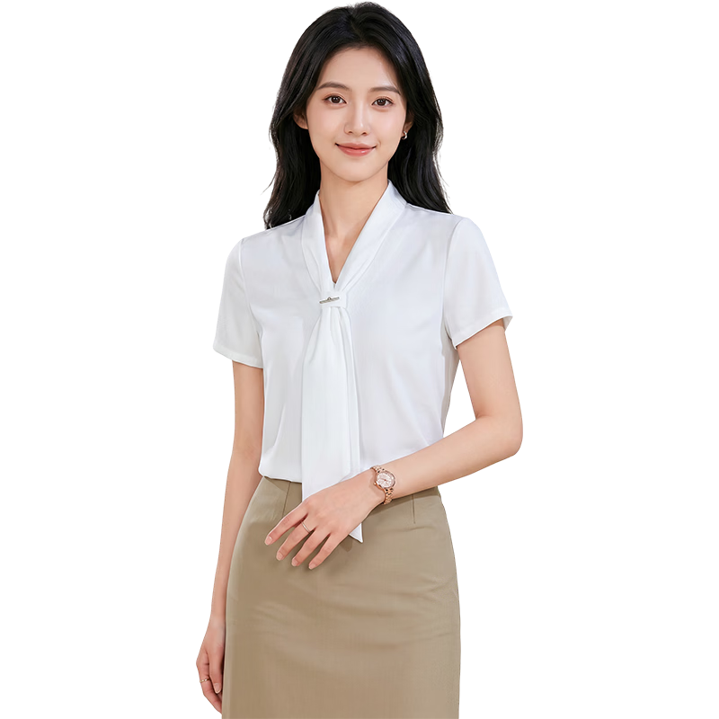 Chaoxu Women's White Short Sleeve Bow Tie Shirt Professional Commuter Formal Elegant Versatile Blouse for Work and Interview
