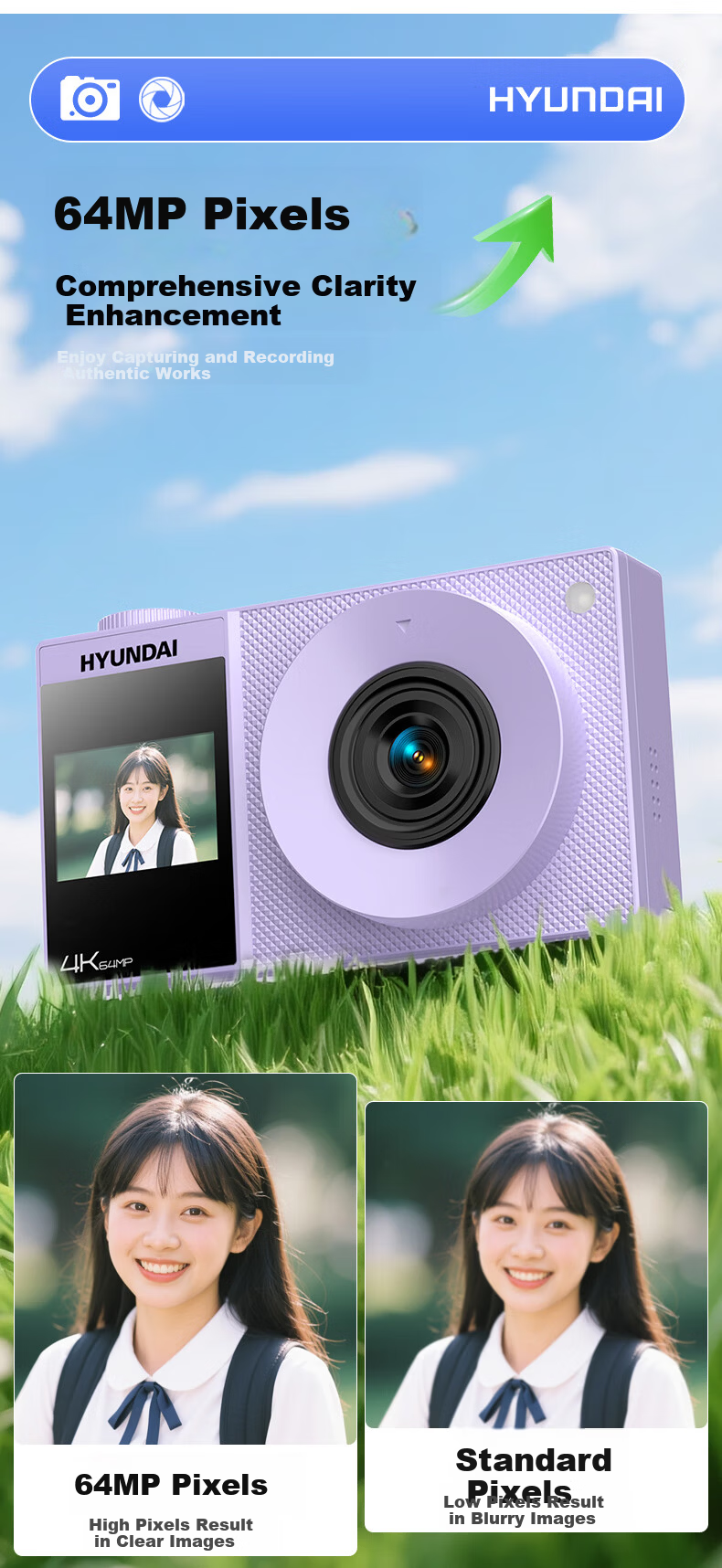 HYUNDAI Modern CCD Digital Camera Vlog Photography Travel Camera Student Entry-Level Dual Screen Selfie Cream White 32GB 3
