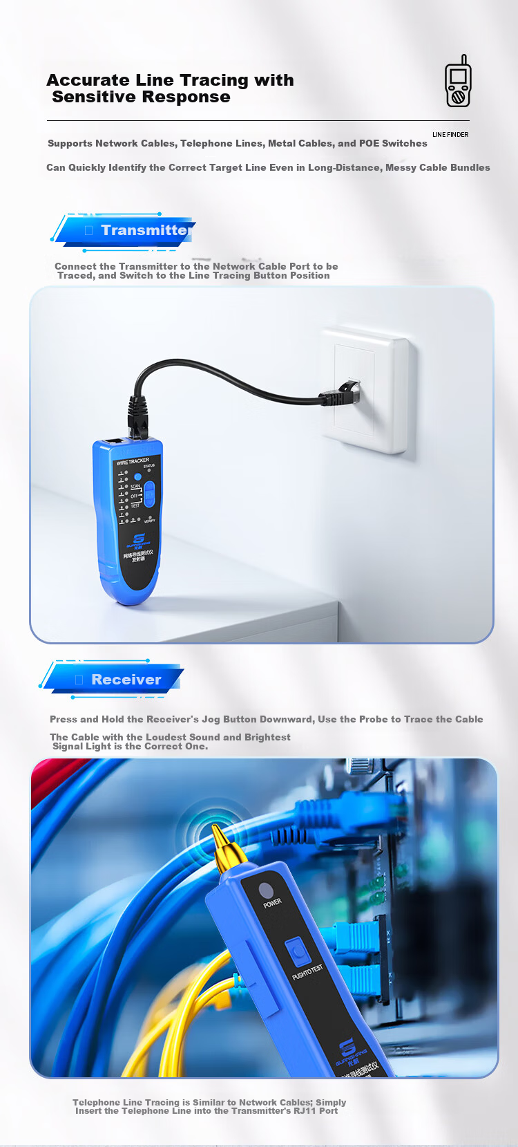 Guanghang Multifunctional Network Cable Tester Telephone and Network Line Tracer Anti-Interference Line Testing Tool Kit Switch Line Checker GH-XX01 6