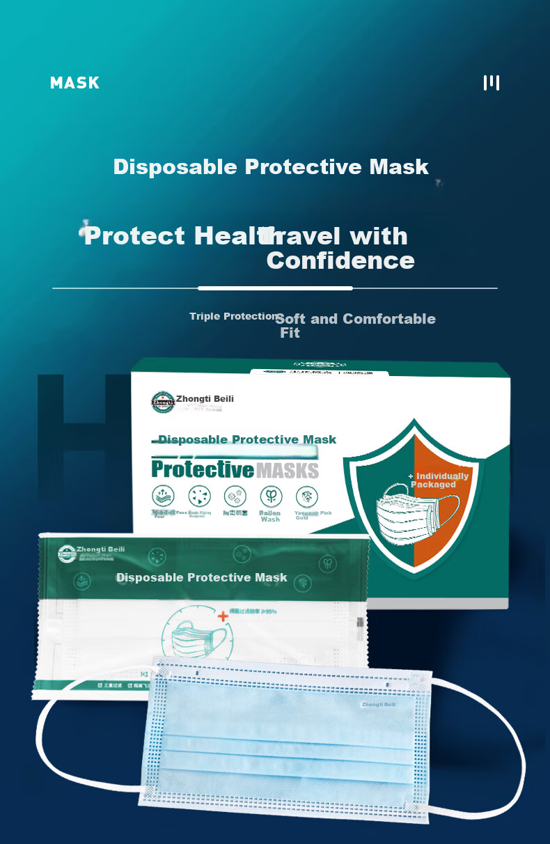 ZHONGTI BY-POWER Disposable Mask Independent Packaging Three-Layer Protection H1 Dustproof Mask Factory Workshop Anti-Fog Pollen Allergy Droplet Flu Virus Protective Mask Blue 50pcs/Box 1
