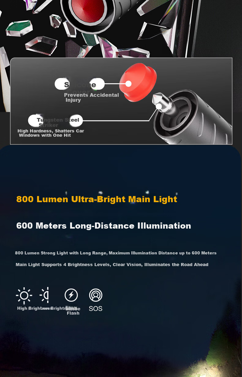 Deli Multifunctional Flashlight Safety Hammer with Hidden Cutter and Warning Light 5-in-1 Compatible with Xiaomi SU7 7