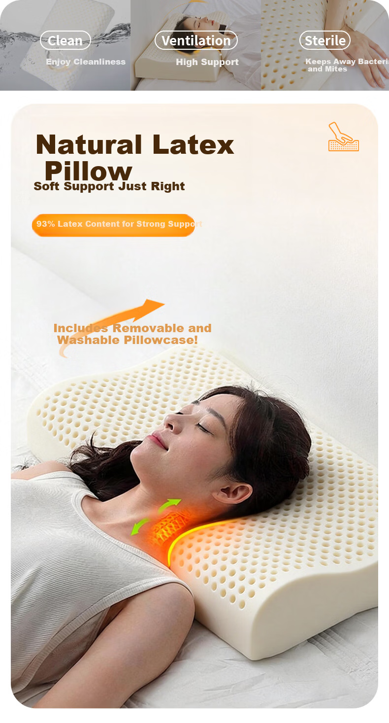 J.Sir Natural Latex Neck Pillow Cervical Spine Support Deep Sleep Adult Student 93% Imported from Thailand 1