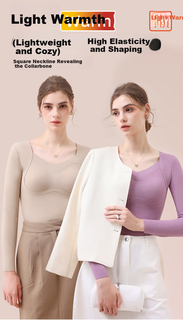 MiiOW Women's Cashmere Silk Thermal Underwear with Chest Pad, Autumn Slim Fit Base Shirt, Nude Color 2