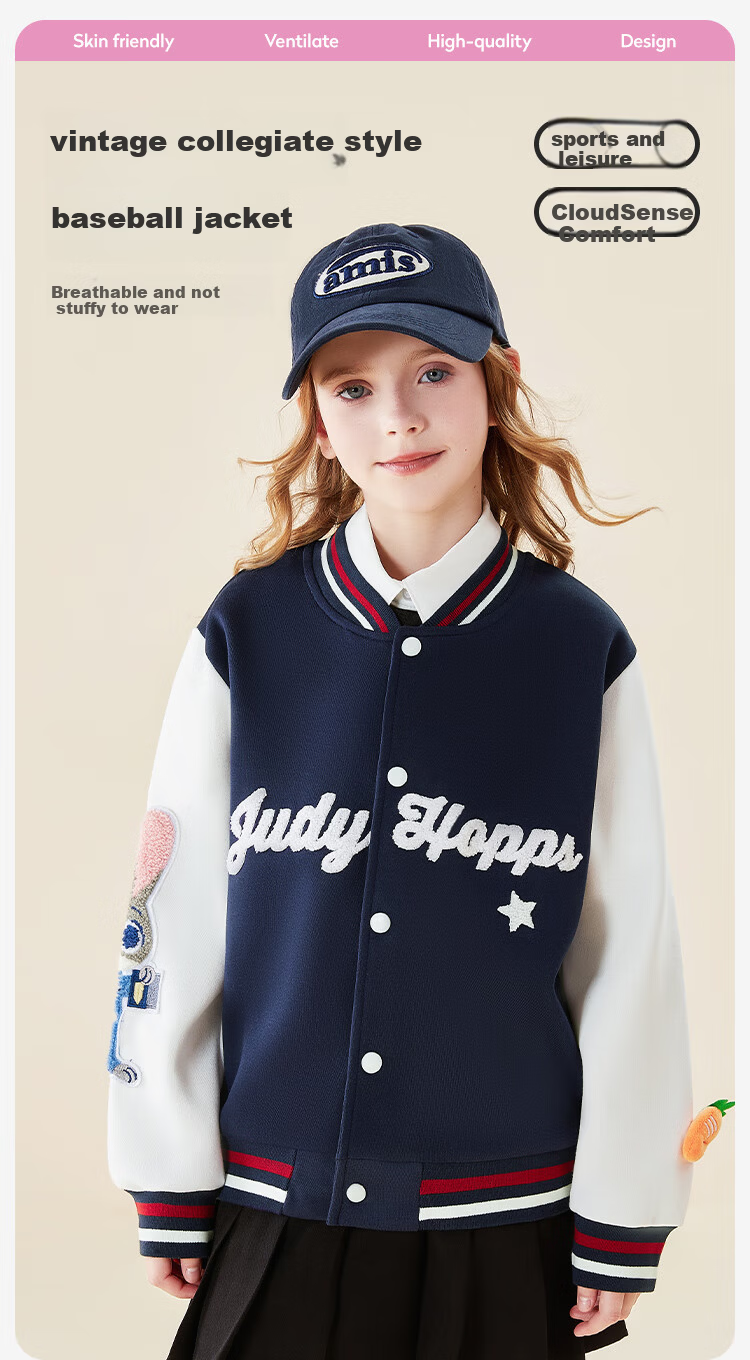 Disney Girls' Baseball Jacket New Autumn Stylish Children's Zootopia Kids' Navy Blue Coat Size 160 1