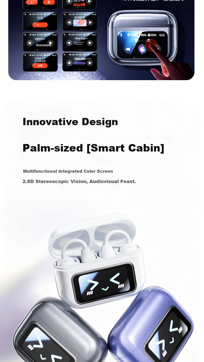 Chuangu 2026 Latest 2.5D Smart Screen Bluetooth Bone Conduction Earphones Top 10 Concept Open-Ear Wireless Ear Clips Large Battery Long Battery Life for Running 4