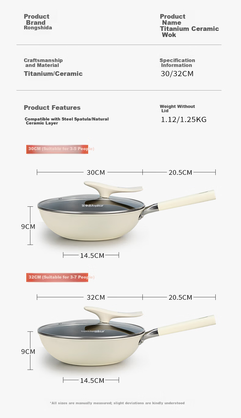 Royalstar Ceramic Non-Stick Stir-Fry Pan Lightweight Titanium Cooking Wok 32CM Compatible with Induction and Gas Stoves 18