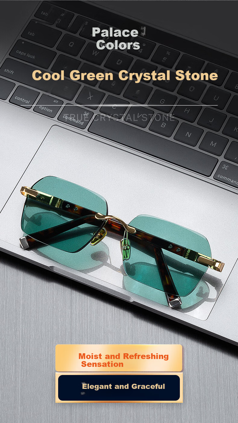 Gongzhicai Premium Frameless Green Crystal Stone Sunglasses Cool Non-Prescription Men's Trendy Sunglasses Real Donghai Stone Sunshade Eye Protection 1