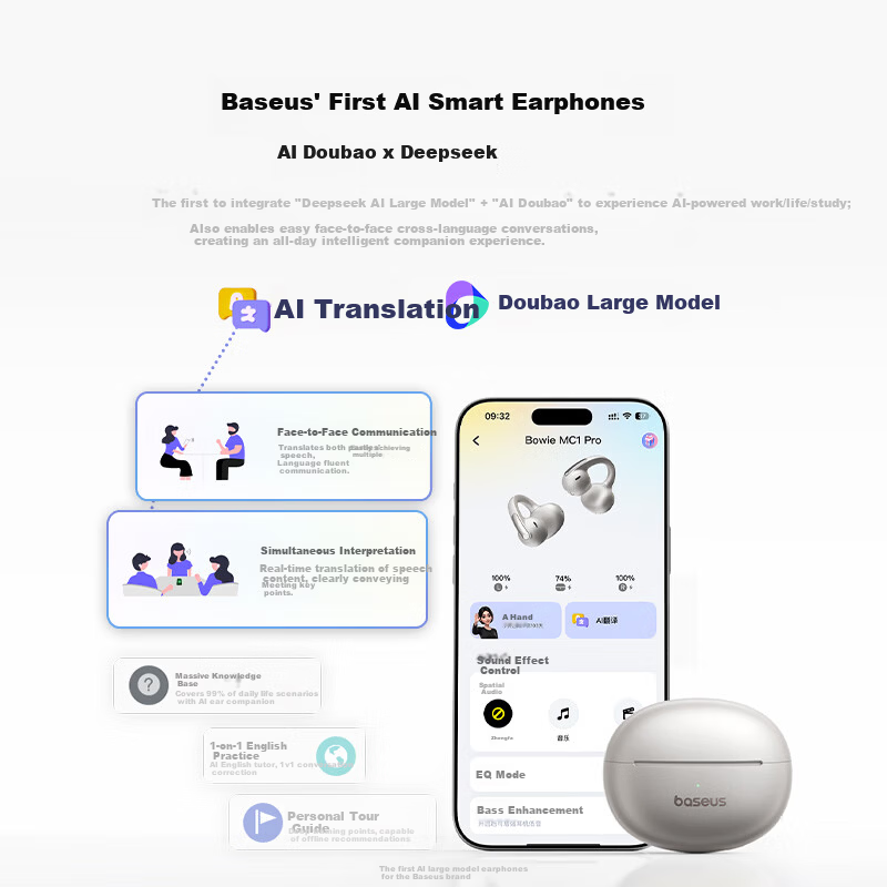Baseus MC1 Pro AI Translation Bluetooth Earphones [Celebrity Edition] Clip-On Open-Ear Sports Call Noise-Cancelling Bone Conduction for Huawei and Apple Phones