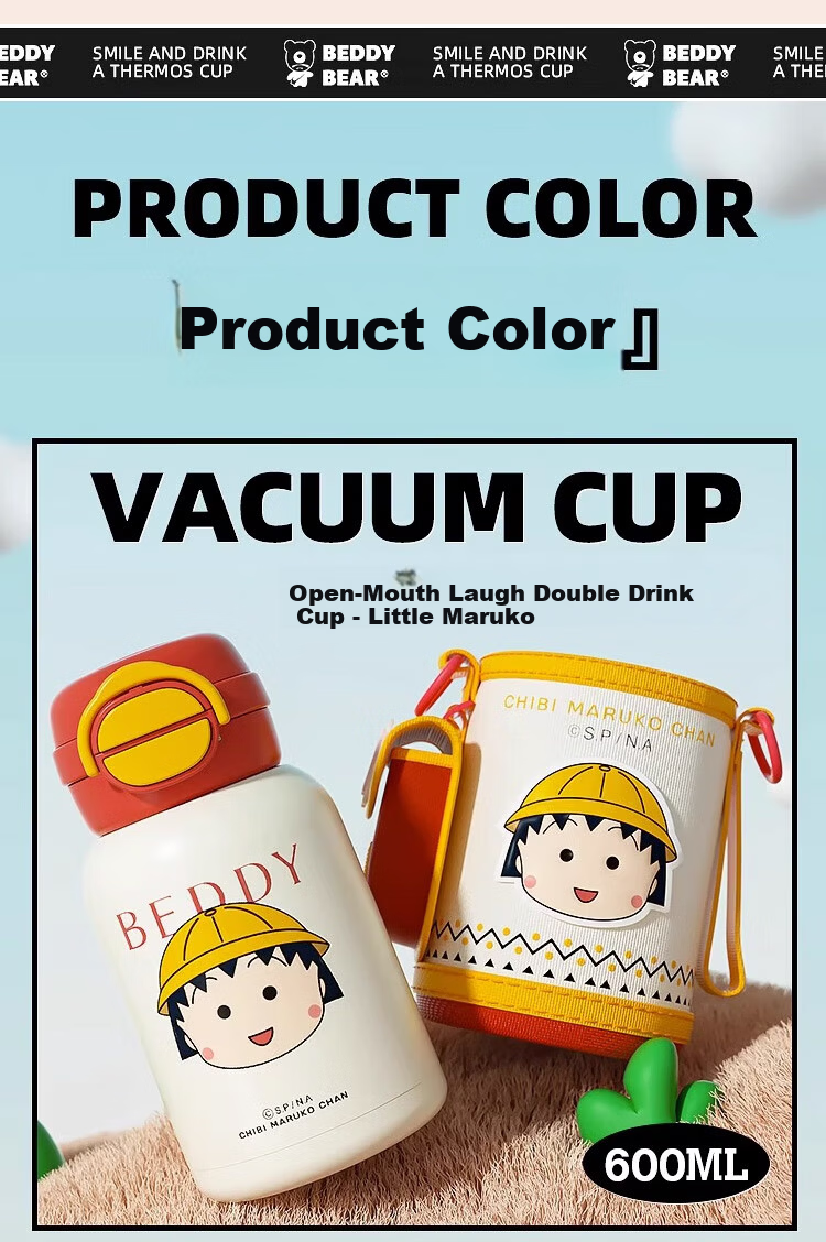 BEDDYBEAR Open Mouth Smile Dual Lid Kids Thermos Bottle with Straw 316 Stainless Steel Large Capacity Insulated Flask 600ML Kuromi 6
