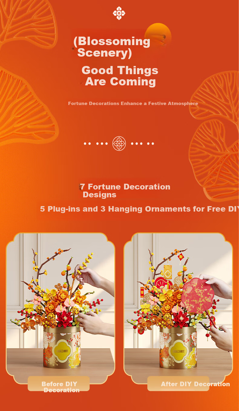 AREA-X Brick Zone Building Block Flower Shop Series Trendy Building Block Toy Holiday Gift Heartfelt Persimmon Orange - Hug Bucket 6