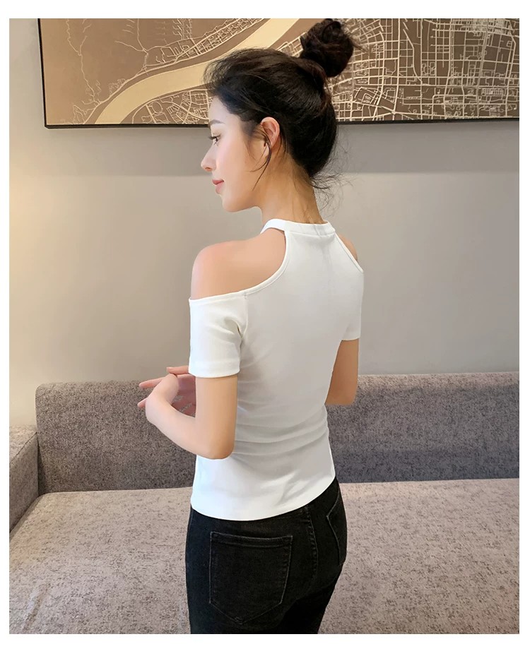 Woodpecker Women's Summer New Sexy Off-Shoulder Short Sleeve T-Shirt Slim Fit White L 11