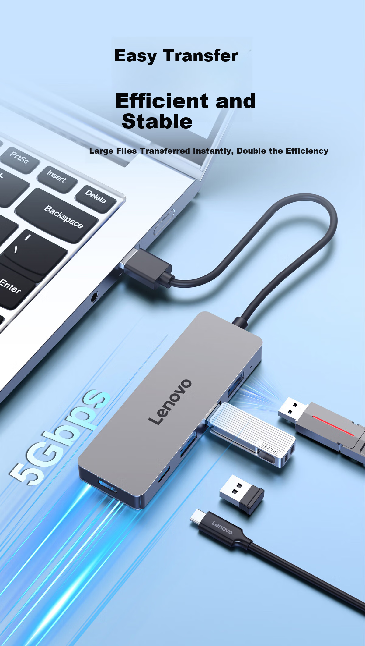 Lenovo USB 3.0 Metal 4-in-1 High-Speed Hub Docking Station Multi-Port Adapter Extension Cable for Laptop 5