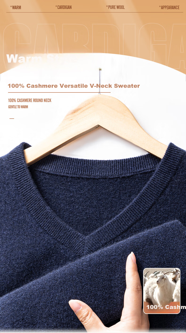 Hengyuanxiang Men's Thick 100% Pure Cashmere V-Neck Sweater Winter New Warm Versatile Red Knitwear 1