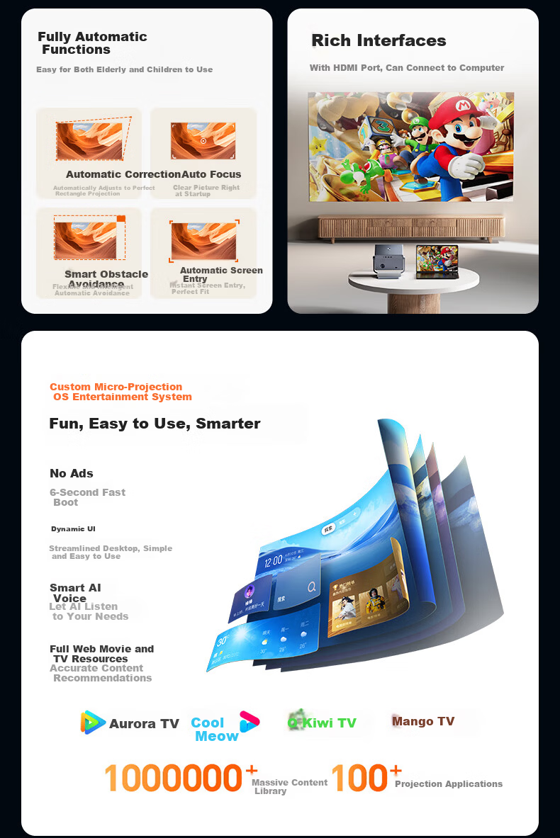 Weiying Y18Pro Home Projector 1080P Full HD Portable Smart Bedroom Projector (High Brightness Upgrade, TOF Auto Focus, PC Connectivity) 4