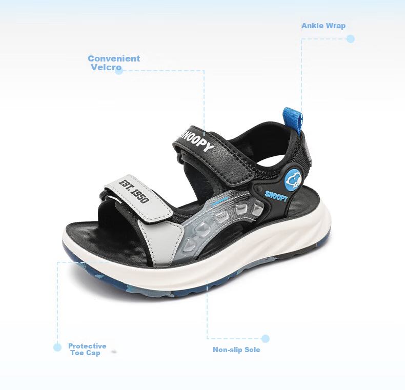 SNOOPY Boys' Beach Sandals Summer Breathable Open-Toe Casual Sandals for Kids 0108 Black Grey Size 33 3