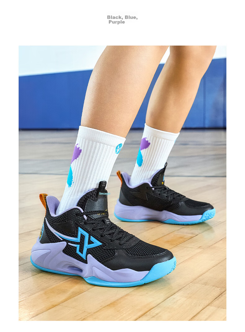 XTEP Youth Style Hunter Sports Shoes Boys Anti-Rollover Burnt Flower Craft Basketball Shoes Black/Changchun Flower Purple 37 2