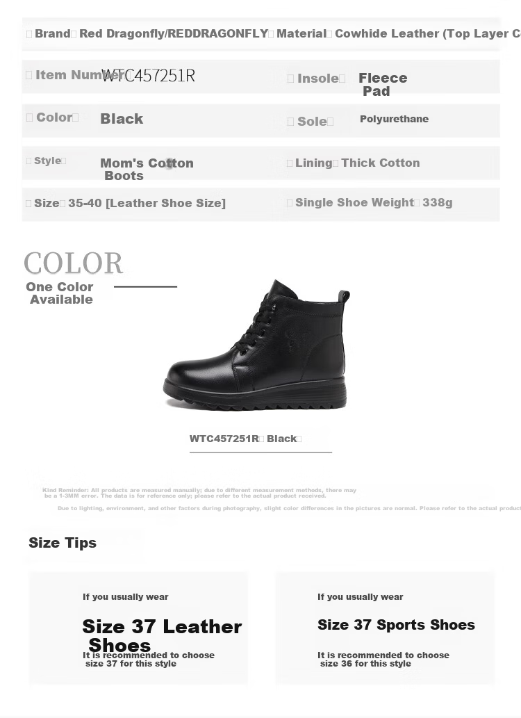 Red Dragonfly Women's Boots Mom Boots Autumn Winter Fleece Warm Cotton Boots Thick Sole Lightweight Ankle Fashion Boots WTC457251R Black 38 8