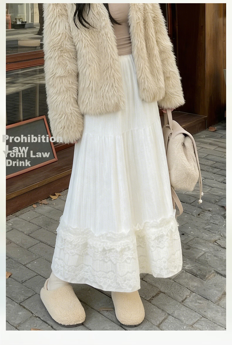 LangSha Women's Skirt 2026 Spring Lace Cake Skirt High Waist Elastic Plush Soft A-Line Long Skirt 2
