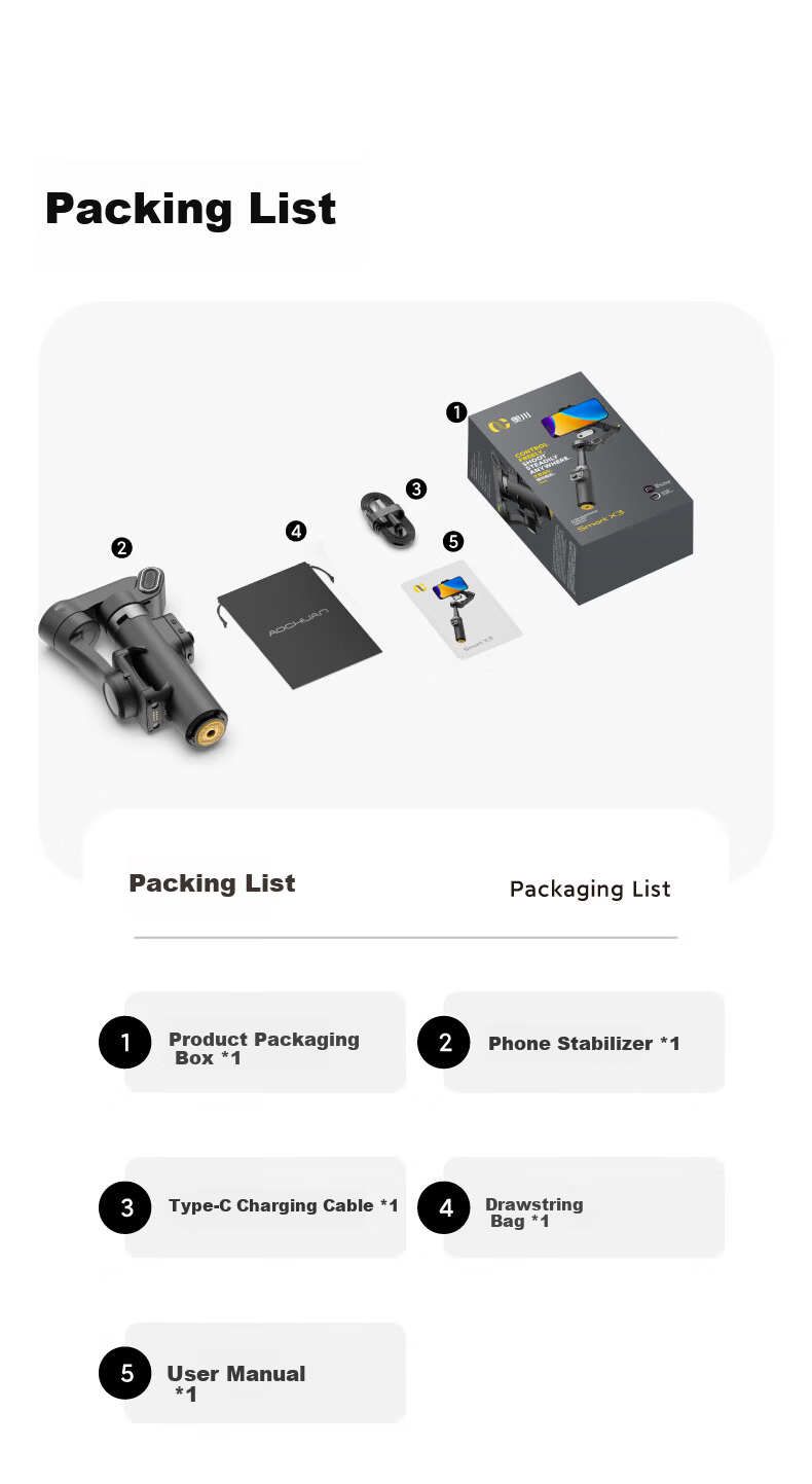 Aokawa X3 Smartphone Stabilizer AI Tracking Gimbal Selfie Stick 360° Rotation Anti-Shake Automatic AI Follow Extension Rod Face Live Dance Travel Vlog One-Key Quick Open 10