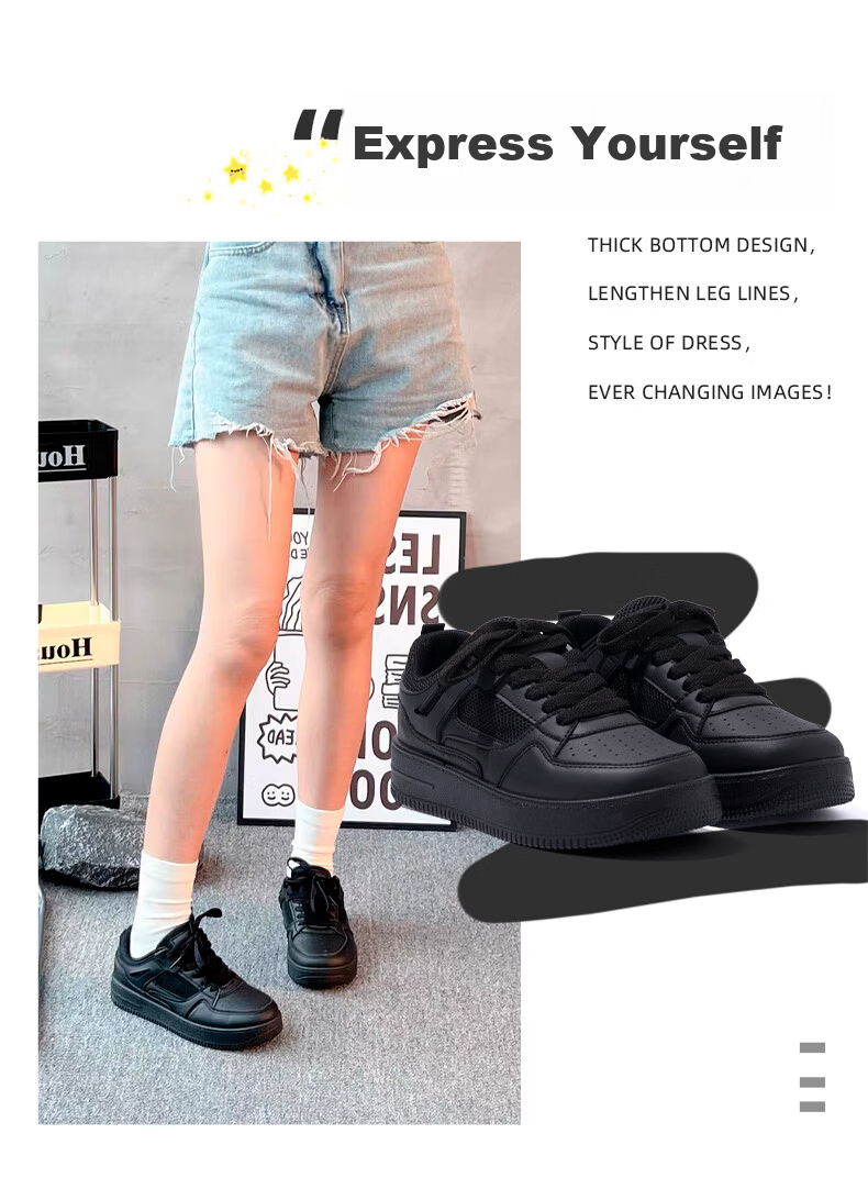 Global Thick-Soled Black Sneakers for Women Spring Summer 2026 New Trendy Versatile Casual Sporty Height-Increasing Shoes for Women 5