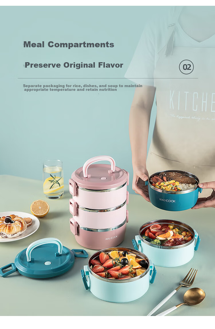 MAXCOOK 304 Stainless Steel Insulated Lunch Box with Handle, Three-Layer Student Lunch Box Bento Box with Utensils, Cherry Blossom Pink MCFT629 2