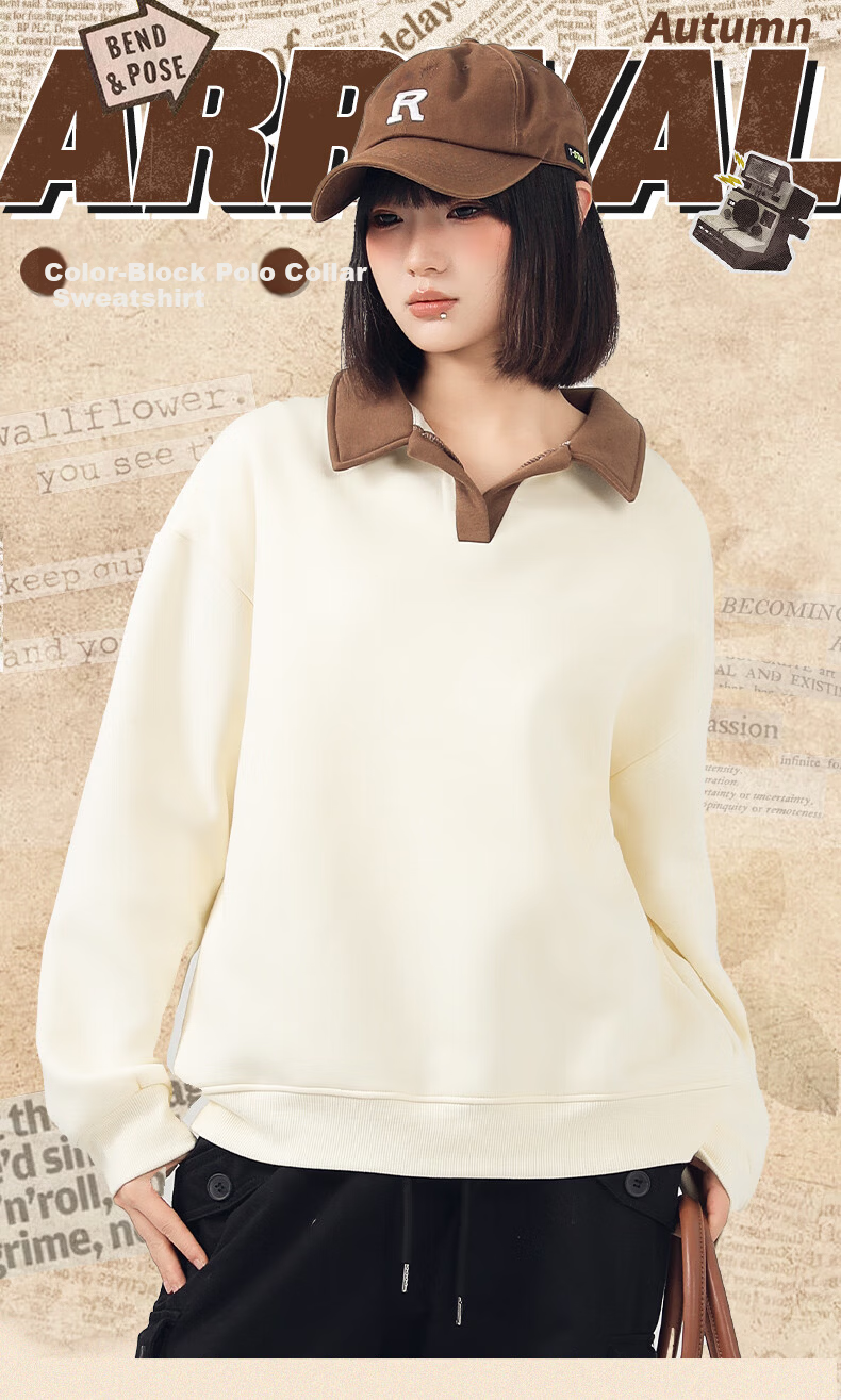 Jeanswest Women's Heather Gray Polo Collar Sweatshirt 2026 New College Style Lazy Chic Top Colorblock Jacket 2