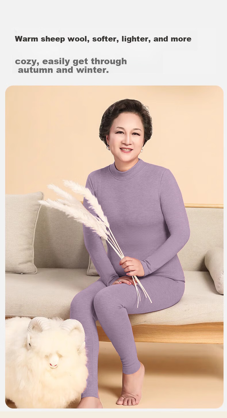LangSha Women's Autumn Thermal Underwear Set Mid-Aged and Elderly Mid-Neck Windproof Warm Wool and Silk 7A Antibacterial Thin Warm Innerwear Set 9
