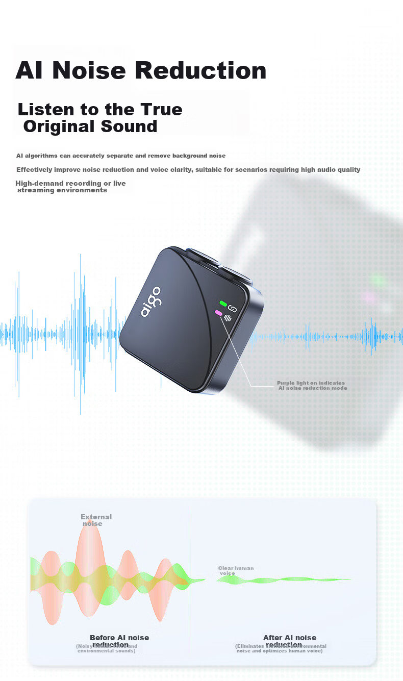 Aigo S31 Wireless Lavalier Microphone Live Streaming Recording Outdoor Short Video Douyin K-Song Mic AI Noise Reduction Mini Mic Charging Case Version One-to-Two New Product 9