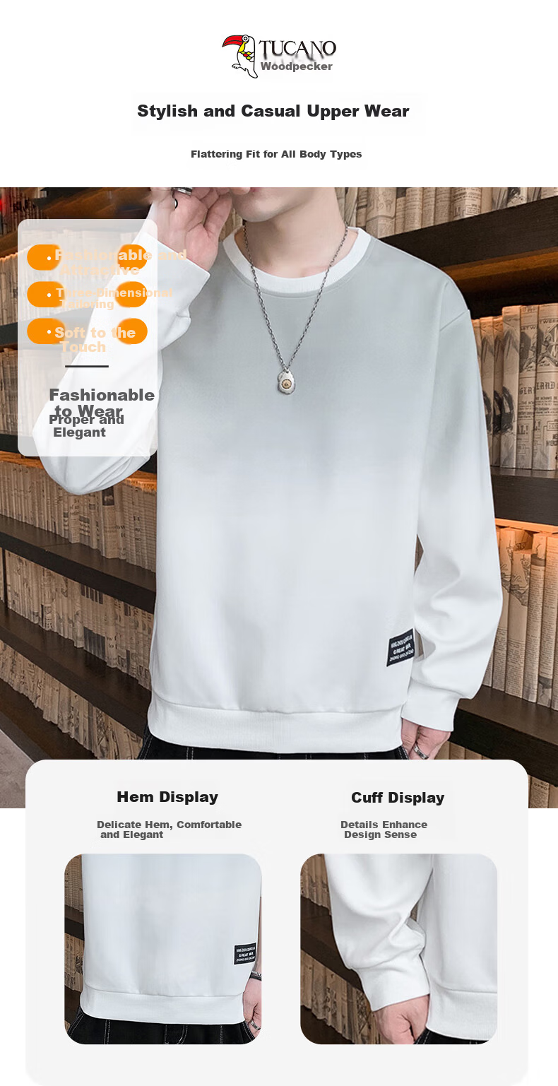 TUCANO Sweatshirt for Men, Spring And Autumn Men's Clothing, Round Neck Long-Sleeve T-Shirt, Casual Loose Pullover Men's Top, White And Blue, 4XL 3