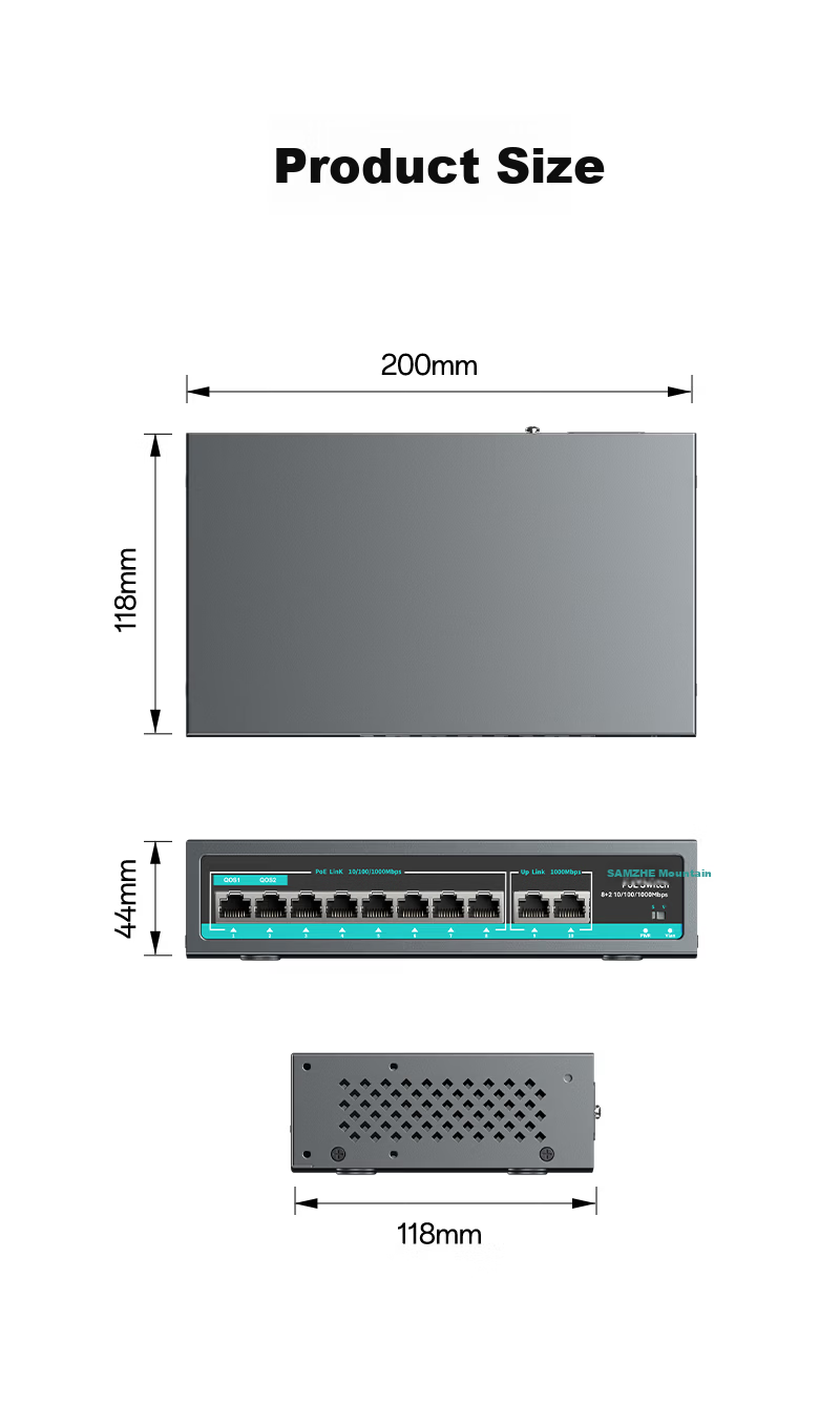 Sanze 8-Port PoE Switch 10-Port Gigabit Ethernet Splitter Dual Uplink Industrial Monitoring Power Supply Network Hub Enterprise Switch POE-HJQ10 12