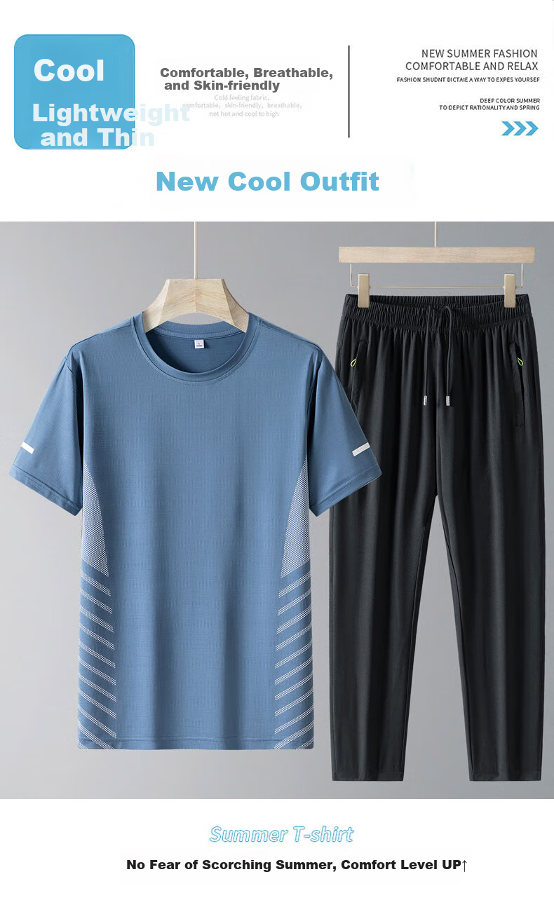 TUCANO Men's Summer Thin Ice Feeling Breathable Crew Neck T-Shirt and Casual Sports Pants Two-Piece Set Black XL 1
