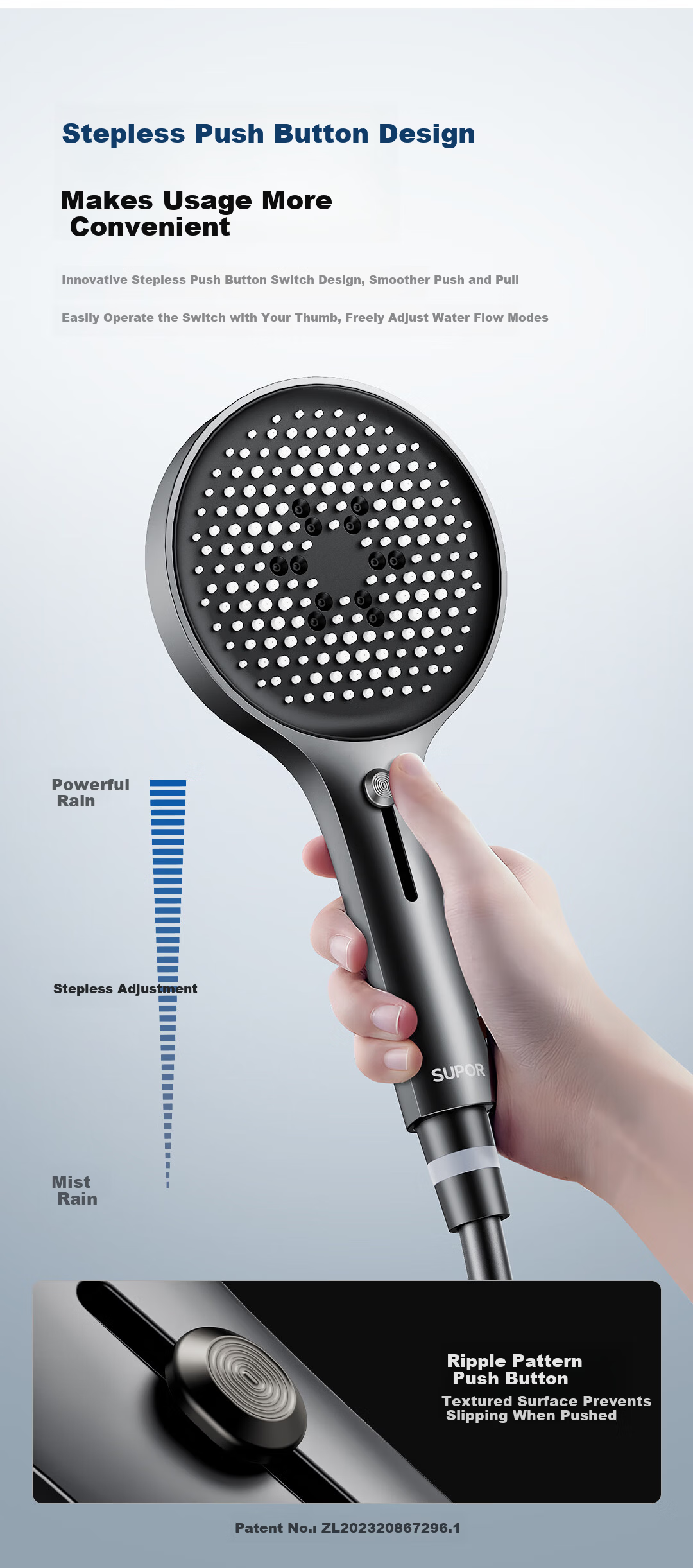 SUPOR High-Pressure Handheld Shower Head Set with Spray Gun, Three-Piece Shower Head, Powerful Water Flow, Adjustable Gray 5