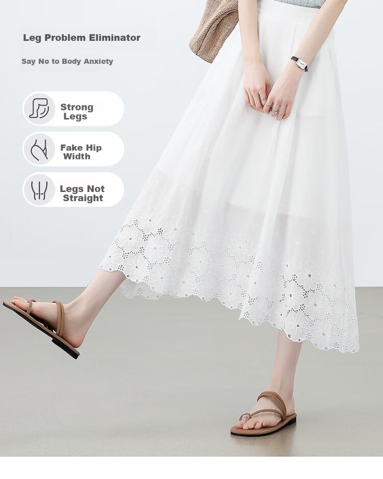 Shangdu Bila Pure Cotton High-Waist Hollow Embroidered White A-Line Midi Skirt for Women Summer Vacation Slim Fit Skirt 6