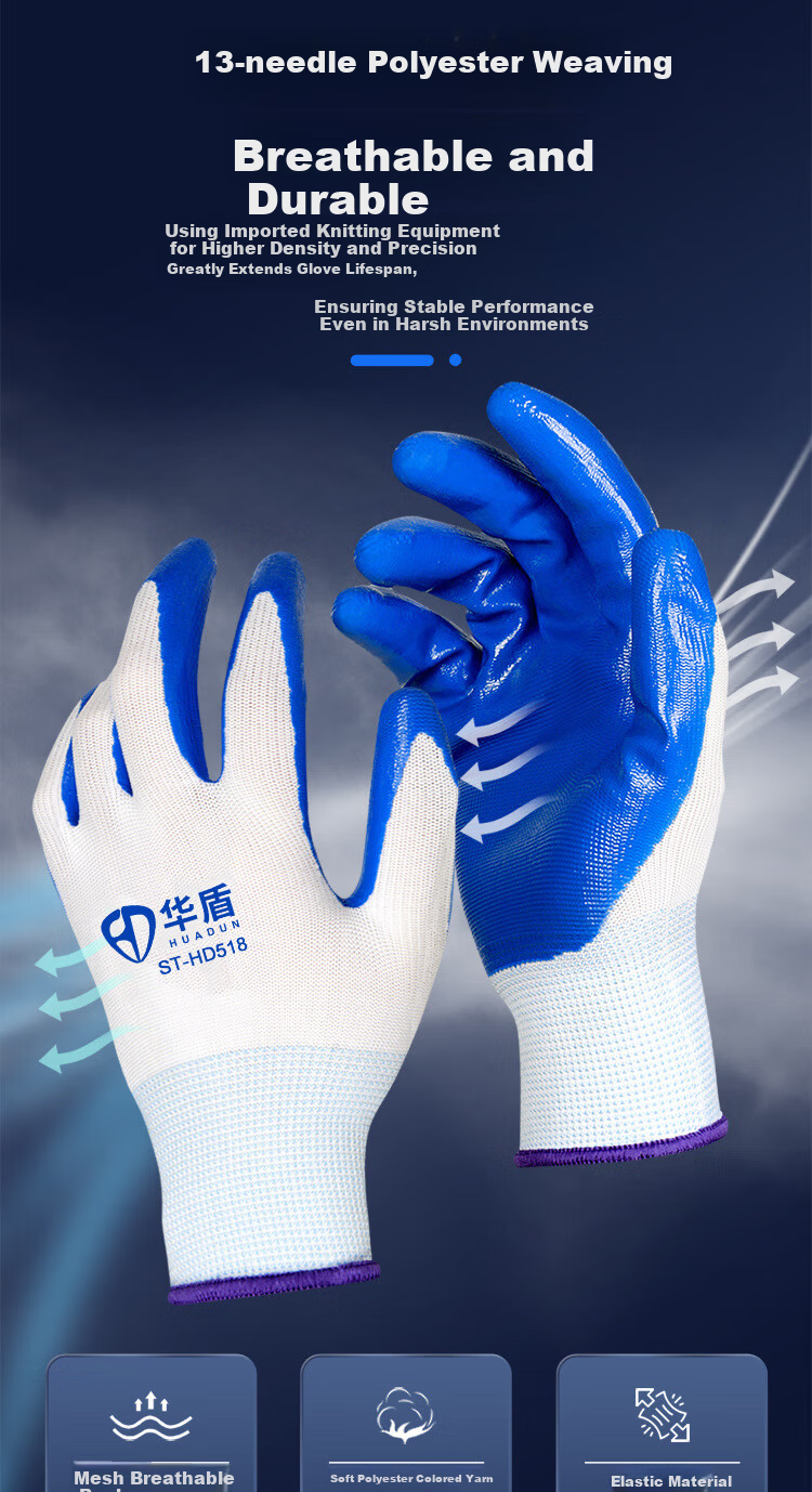 Huadun Work Gloves Labor Protection Wear-Resistant Non-Slip Nitrile Gloves Construction Work Gloves Men Oil-Resistant Corrosion-Resistant HD518 12 Pairs White Yarn Blue Standard 6