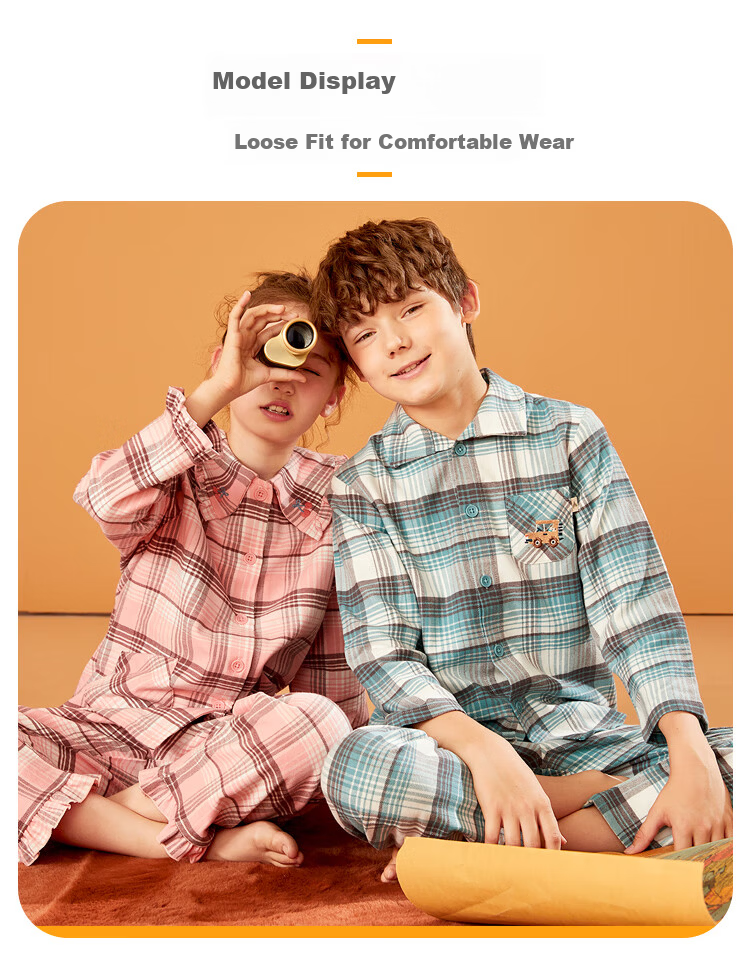 Hodohome Children's Pajamas, Girls' Plaid Cotton Loungewear, Girls' Brushed Lapel Cardigan Long-Sleeve Set 504 120 15