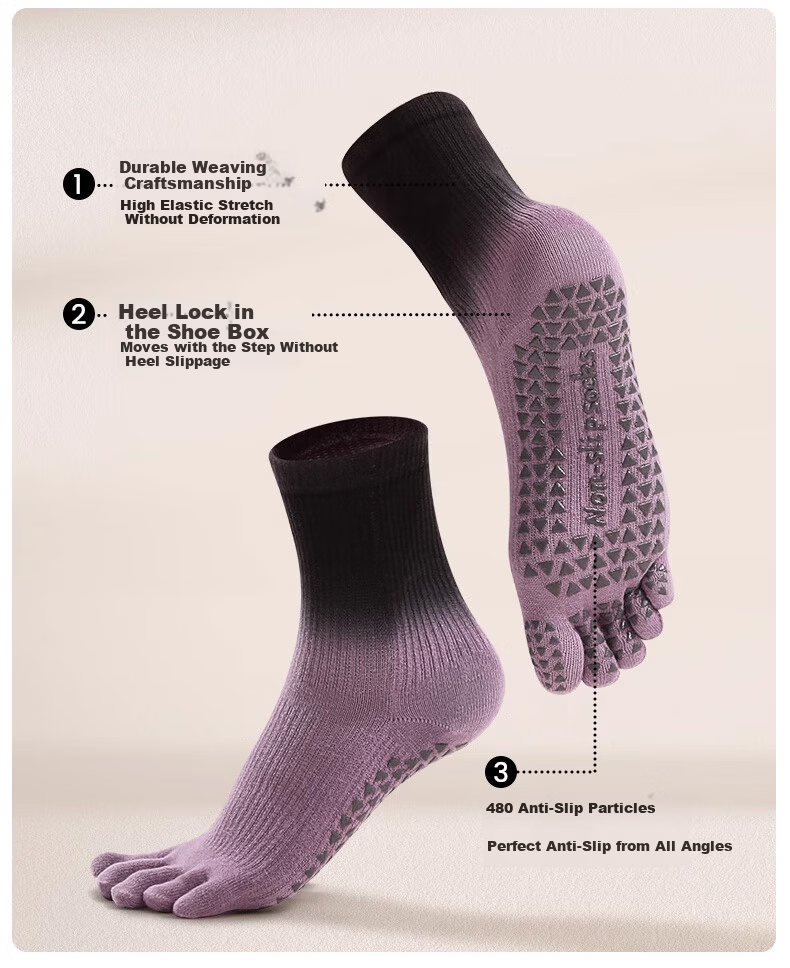 Dewick Five-Toe Yoga Socks Professional Non-Slip Pilates Training Indoor Fitness Toe Separation Mid-Calf Purple Faux Two-Piece 2