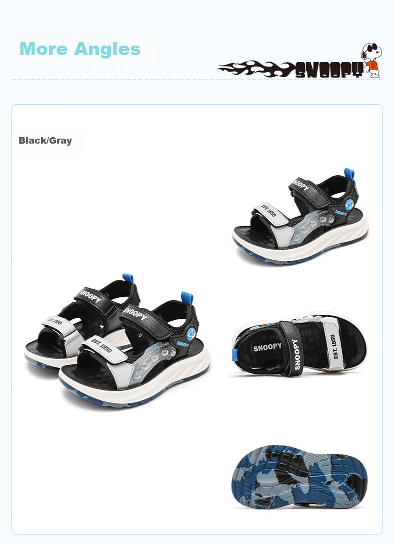 SNOOPY Boys' Beach Sandals Summer Breathable Open-Toe Casual Sandals for Kids 0108 Black Grey Size 33 11