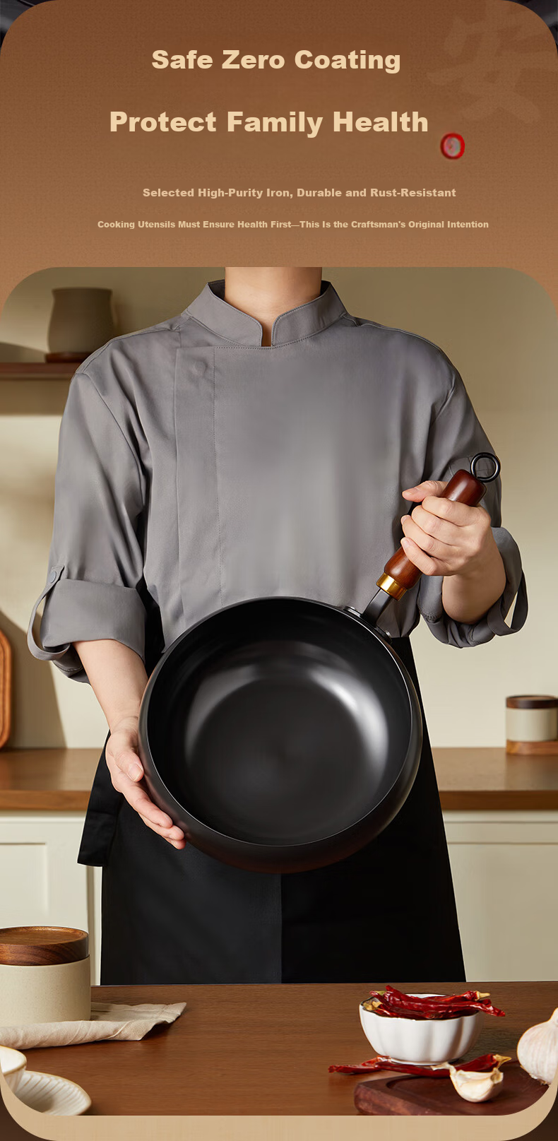CHIGO Zhangqiu Large Belly Stir-Fry Pan Non-Coated Iron Wok Household Cooking Pan Stew Non-Stick Compatible with Induction Cooker and Gas Stove 28CM 3
