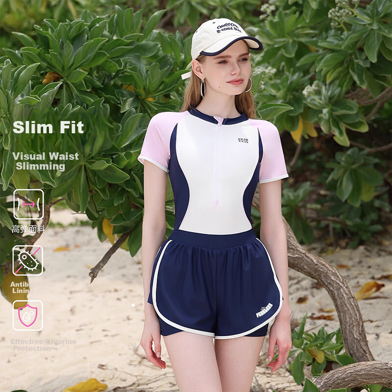 Disney Women's High-End Slimming Conservative One-Piece Swimsuit for Swimming Pool and Hot Spring D15312 Blue White L