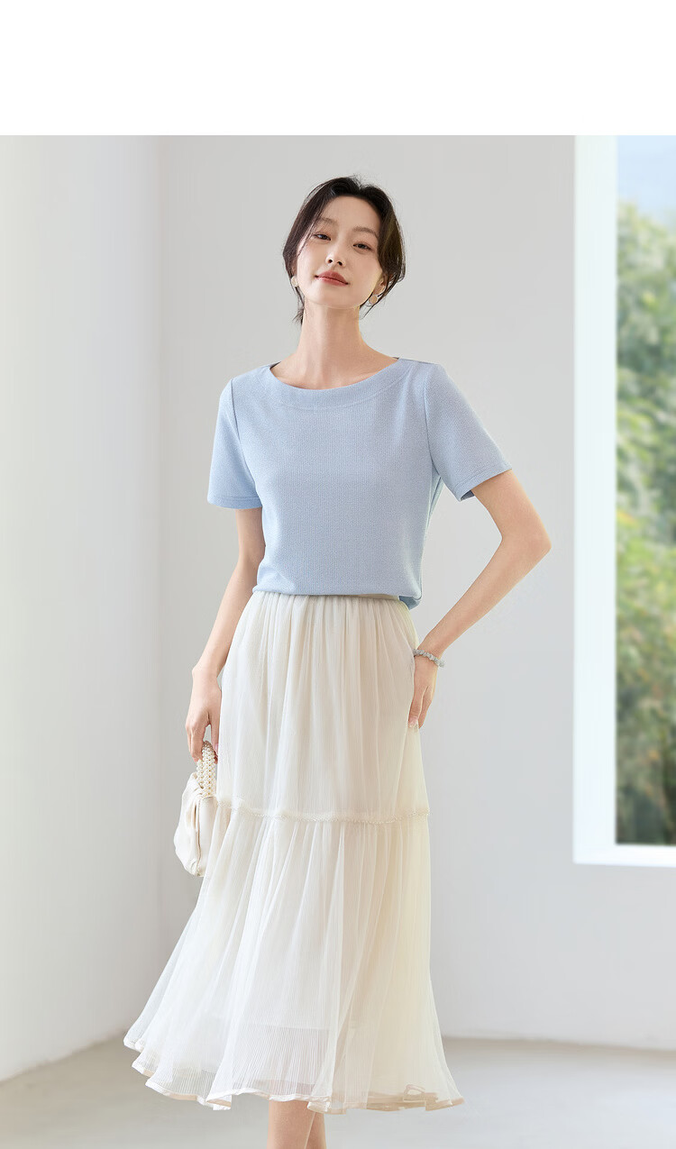 Shangdu Bila Off-Shoulder Boat Neck Double Needle Stitching T-Shirt for Women Summer Elegant Commuter Stretch Ribbed Knit Top 3