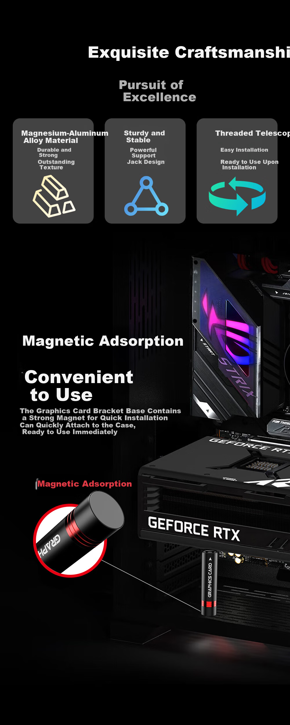 JEYI GPU Support Bracket for 40/50 Series Graphics Cards, Fan Slot Support, Seaview Desktop PC Case, Cylindrical Magnetic Base, Adjustable Height, Aluminum Alloy Material 2