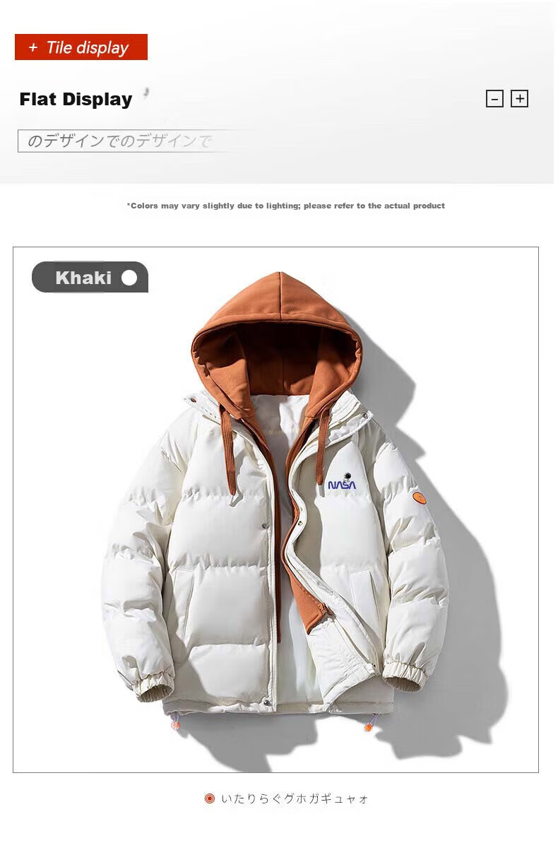 NASA MARVEL Men's Winter Cotton Padded Hooded Jacket Thick Warm Puffer Coat Sports Casual Couple Cotton Coat 12